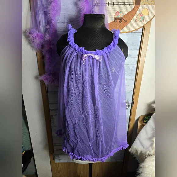Vtg 60s Sheer Purple Flowy Boho Ruffle Babydoll Negligee Lingerie Top with Robe - Picture 5 of 13